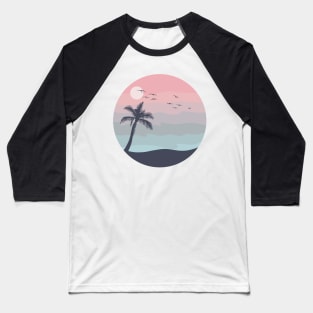 Simple Sea to Sunset Palm Tree Scene Digital Illustration Baseball T-Shirt